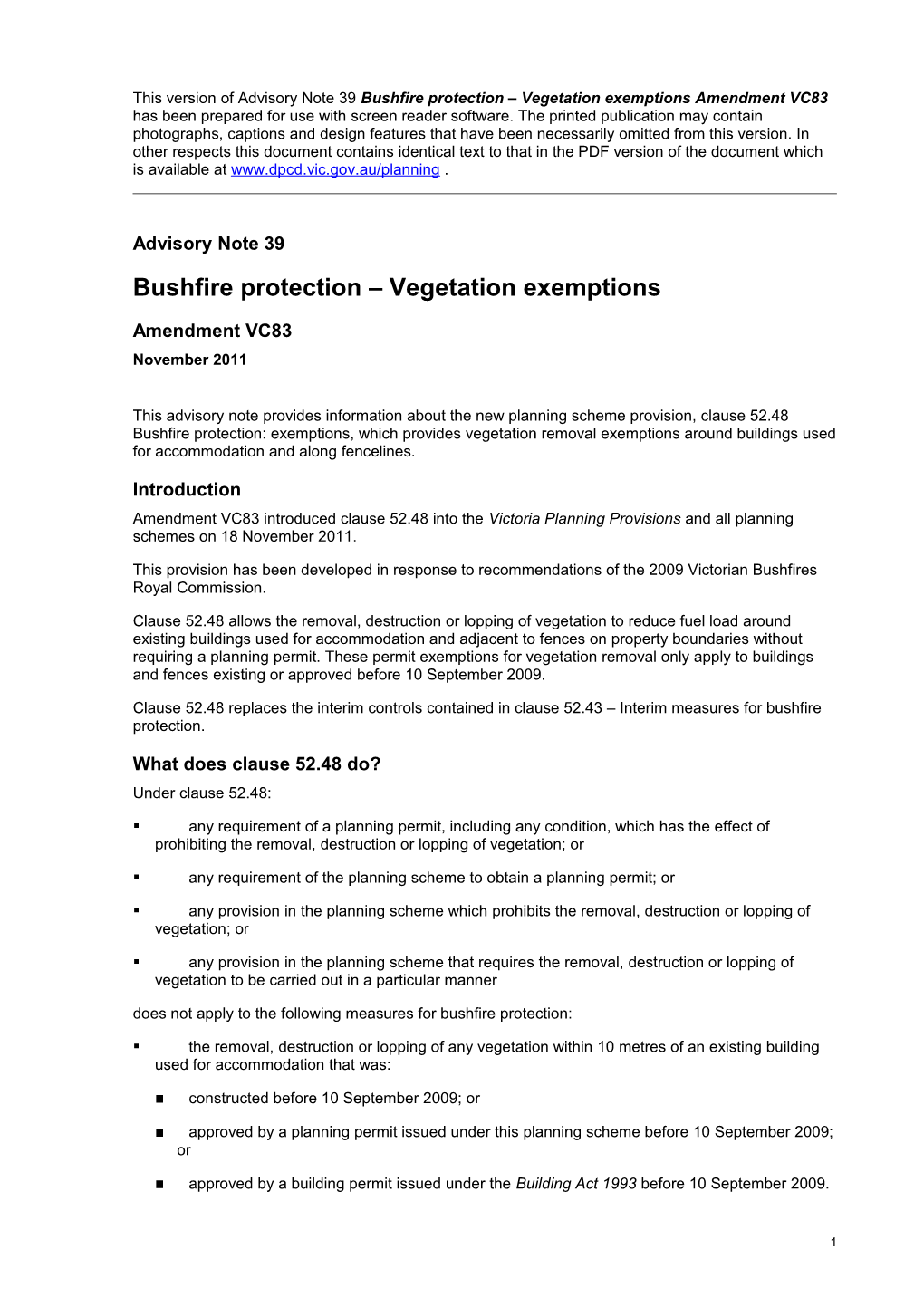 Advisory Note 39 Bushfire Protection Vegetation Exemptions Amendment VC83