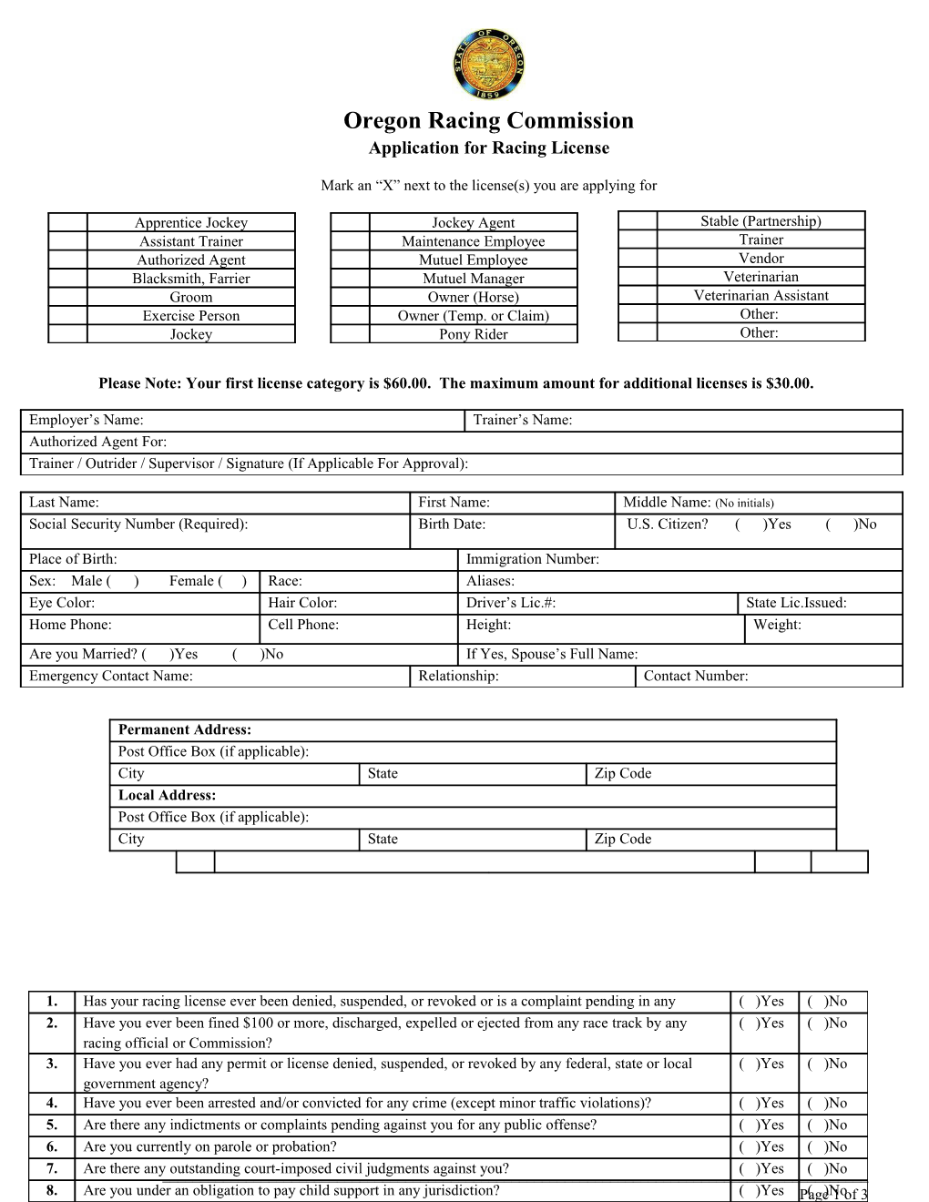 Please Note: Your First License Category Is $60.00. the Maximum Amount for Additional