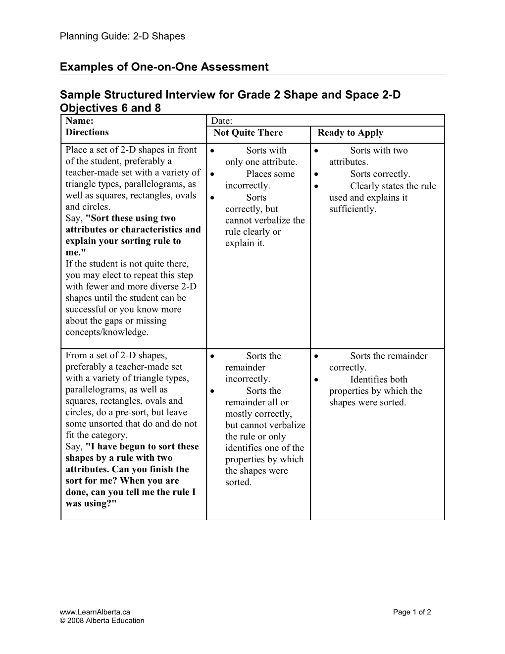 Examples of One-On-One Assessment