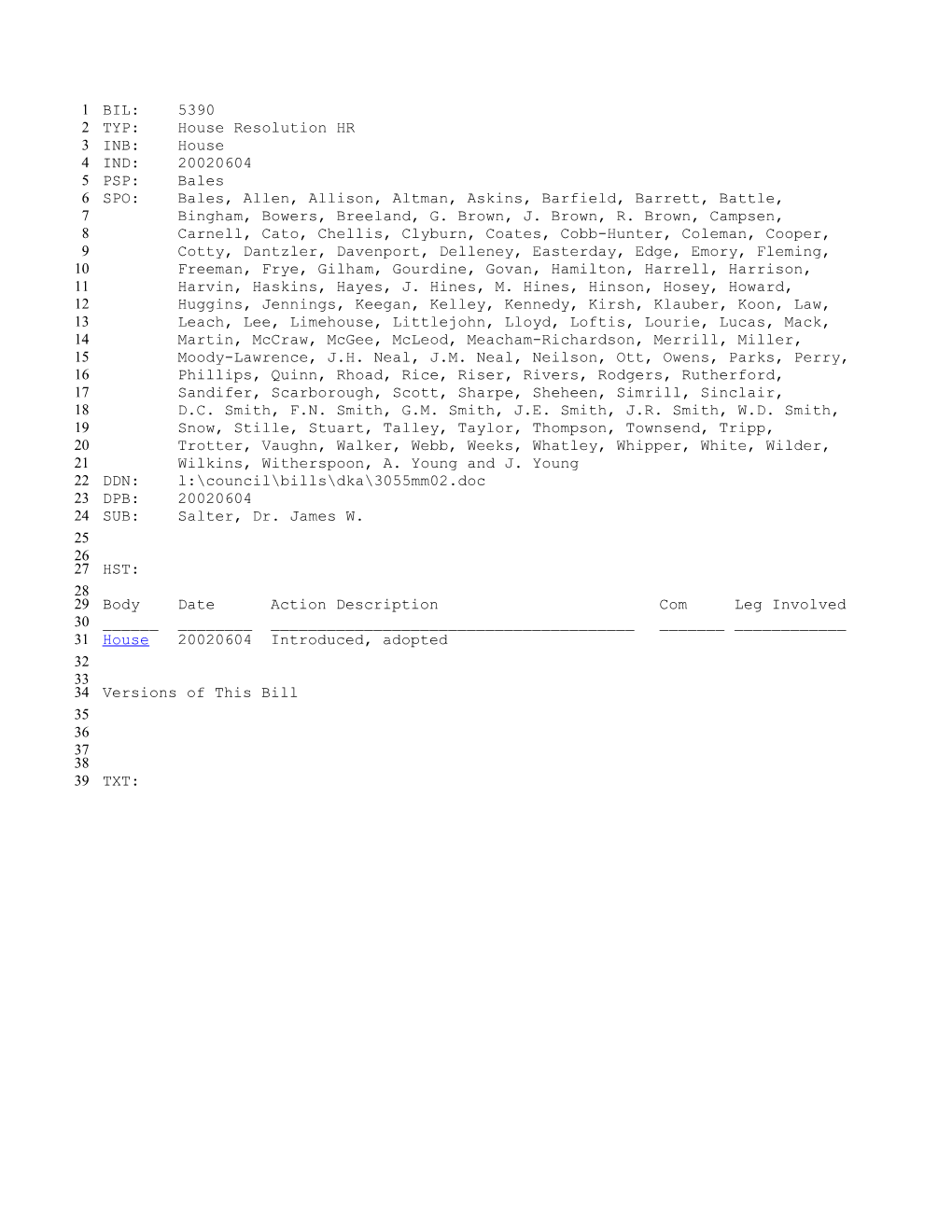 2001-2002 Bill 5390: Salter, Dr. James W. - South Carolina Legislature Online