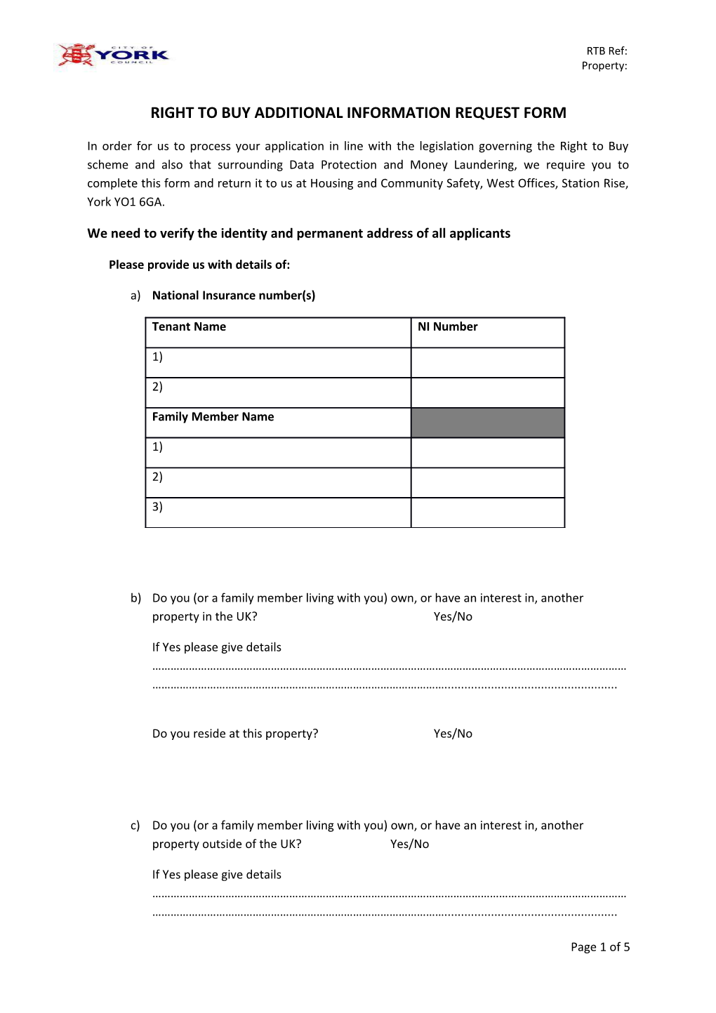 Right to Buy Additional Information Request Form