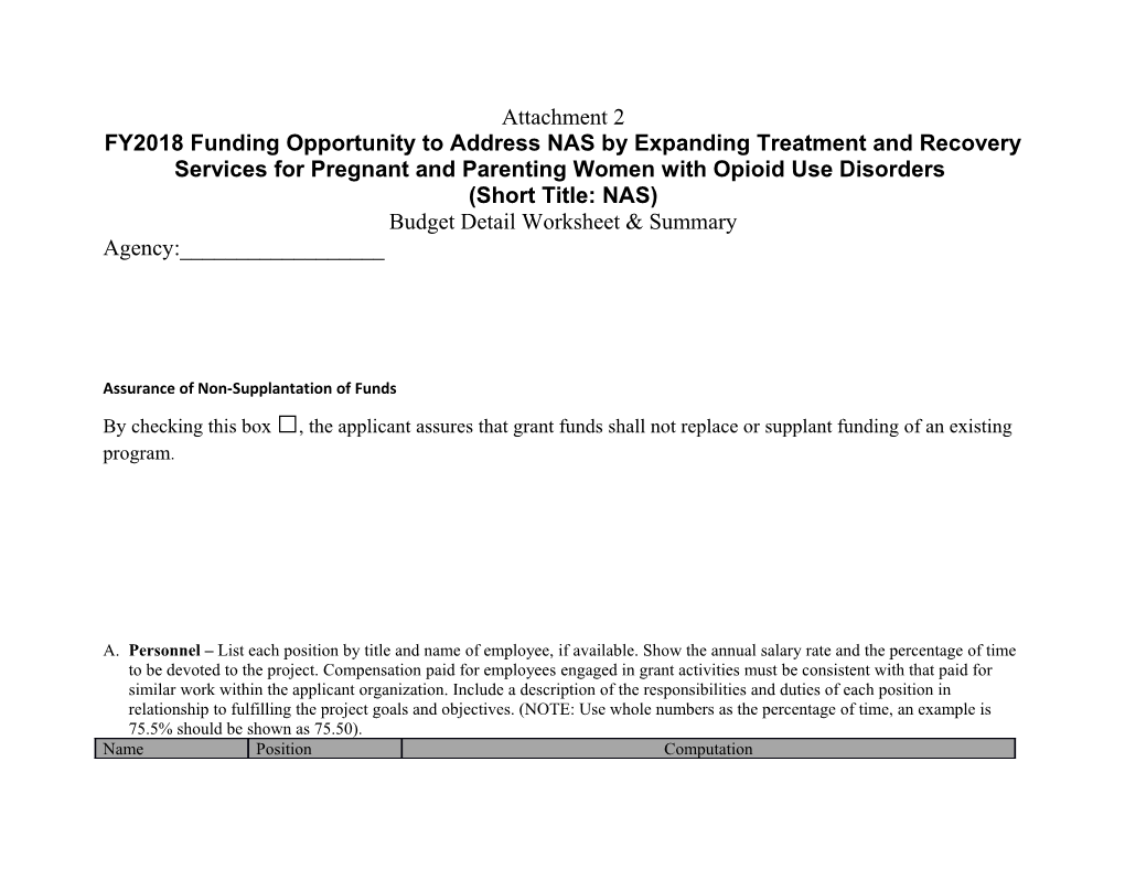 FY2018 SUD Tx Expansion Funding Opportunity Budget Worksheet for NAS