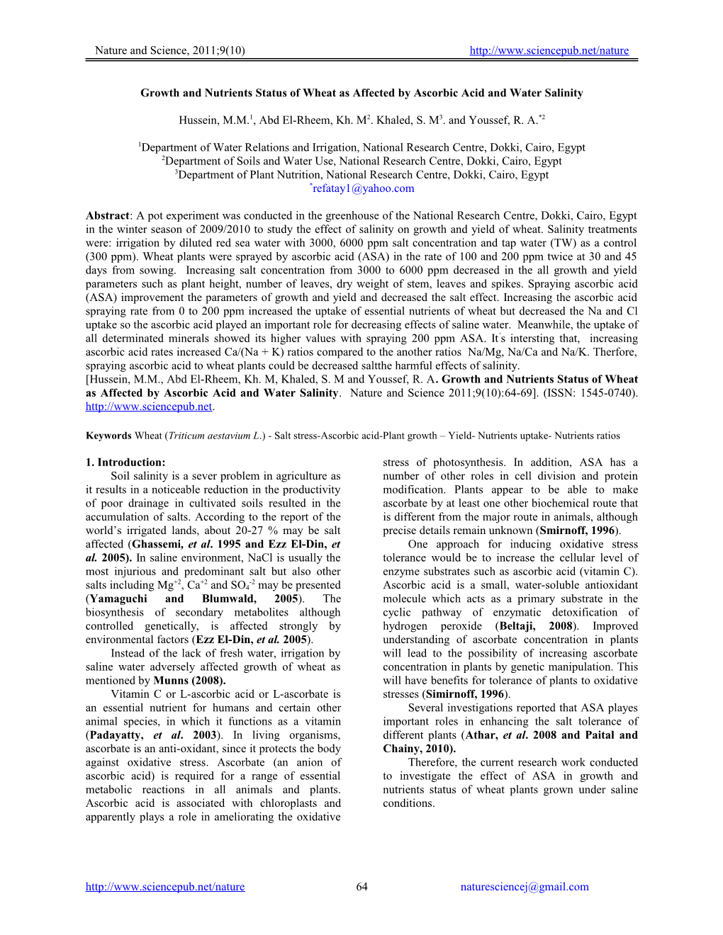 Growth and Nutrients Status of Wheat As Affected by Ascorbic Acid and Water Salinity