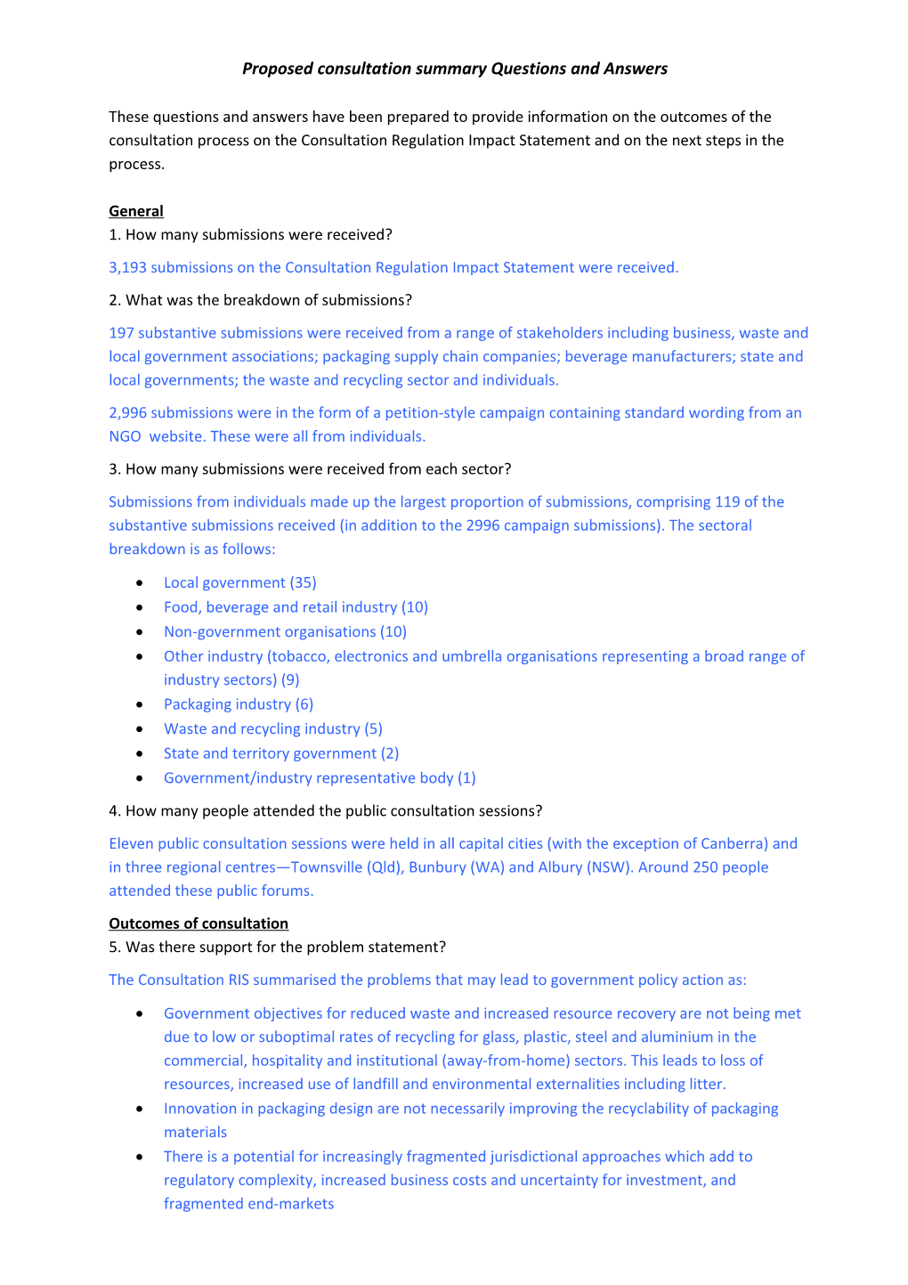 Proposed Consulttion Summary Questions and Answers