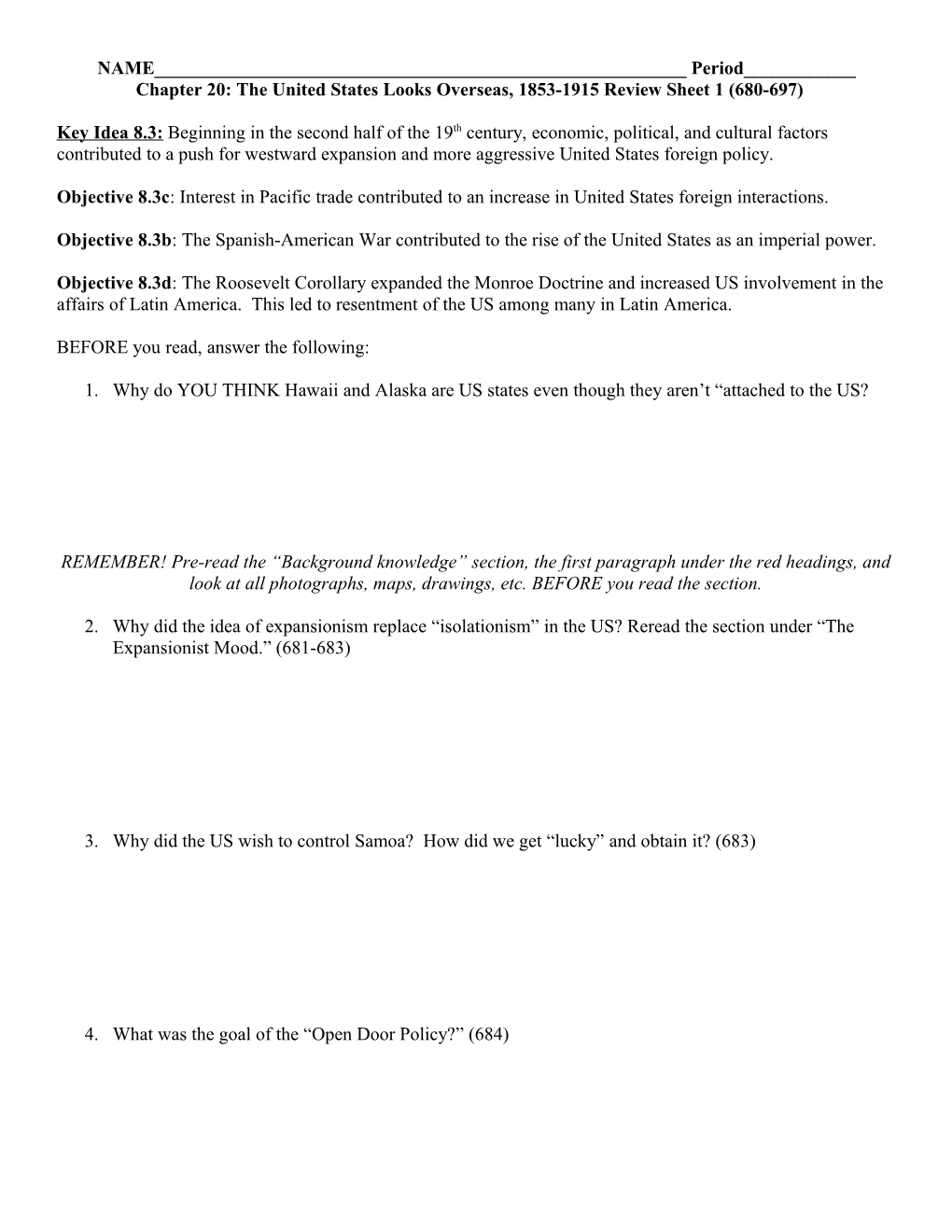 Chapter 20: the United States Looks Overseas, 1853-1915 Review Sheet 1