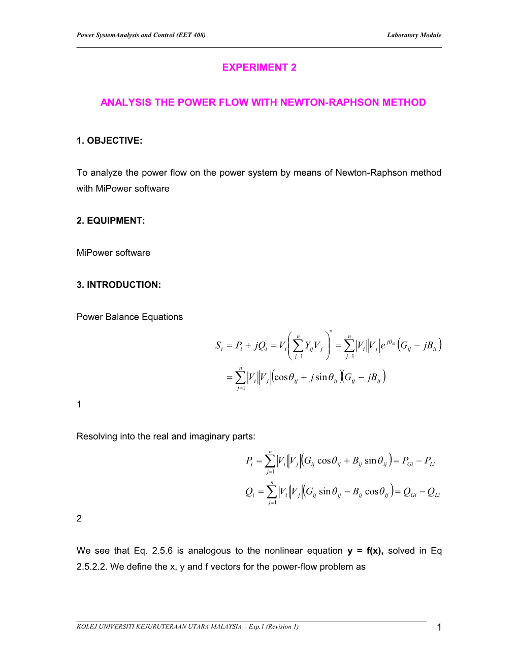 Power Systemanalysis and Control (EET 408) Laboratory Module