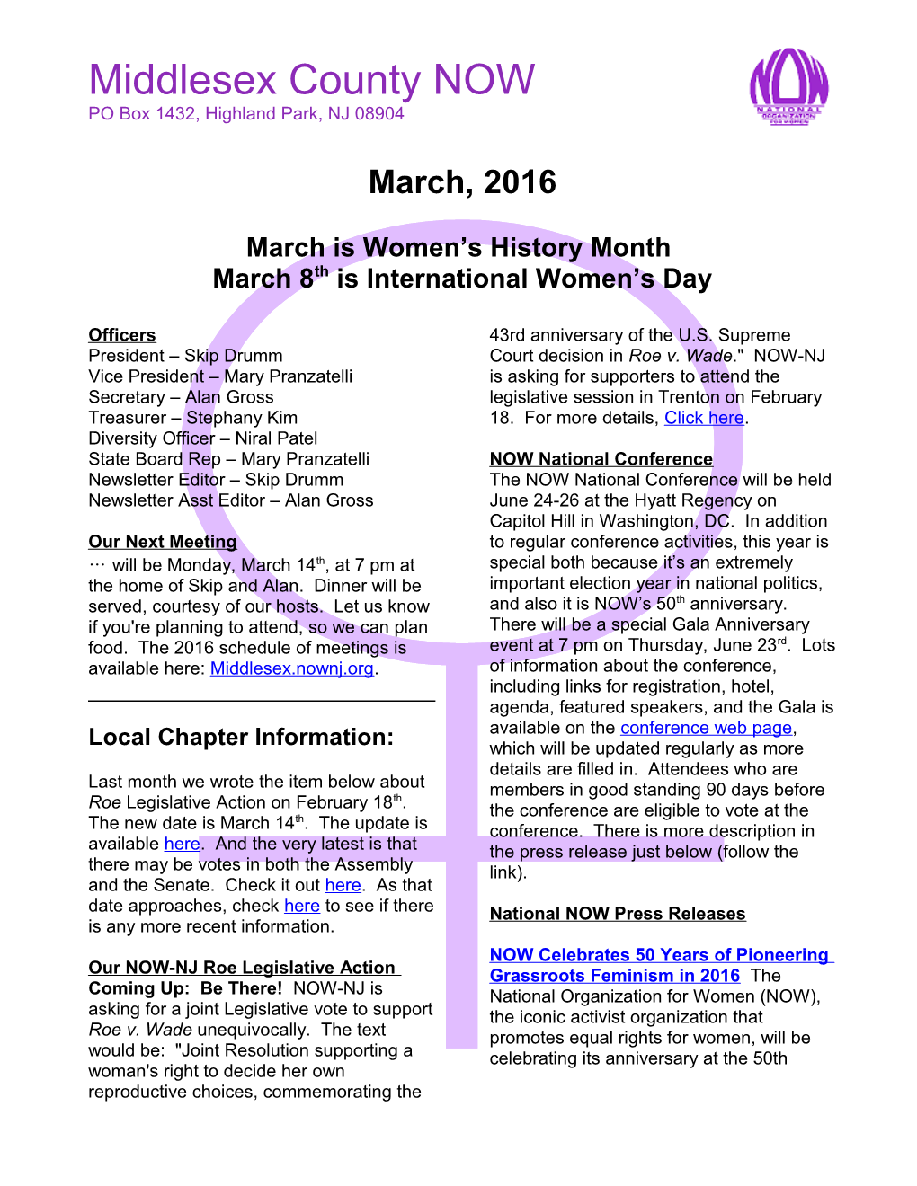 Middlesex County NOW Newsletter, March 2016