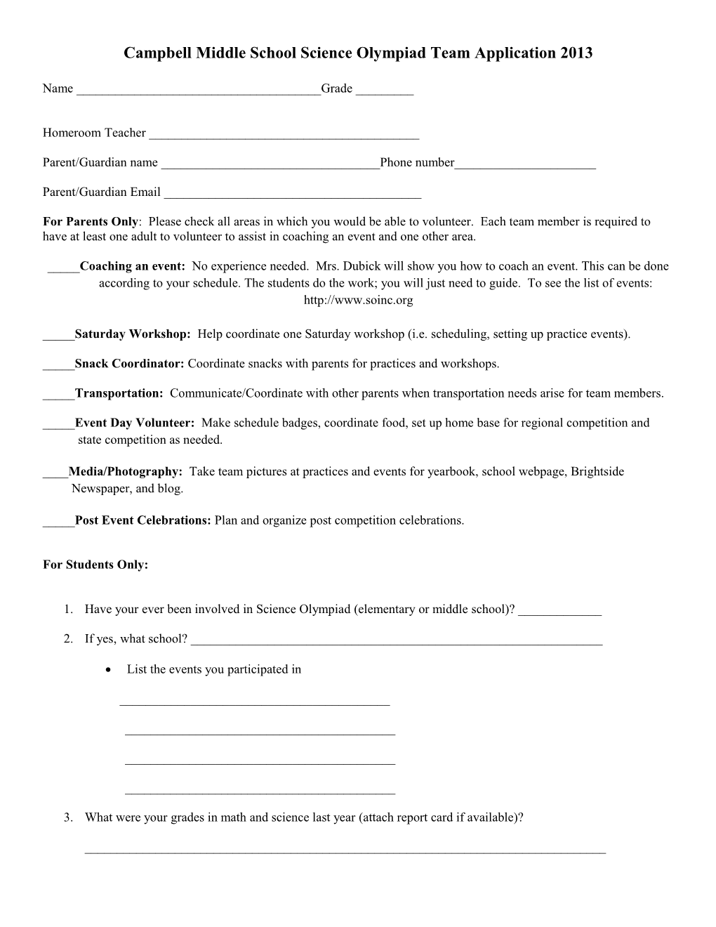Campbell Middle School Science Olympiad Team Application