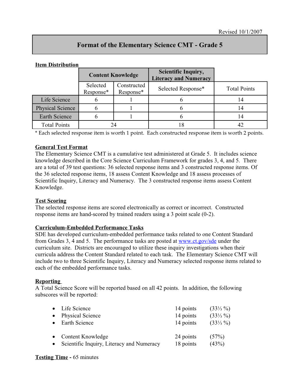 Format of the Elementary Science CMT - Grade 5