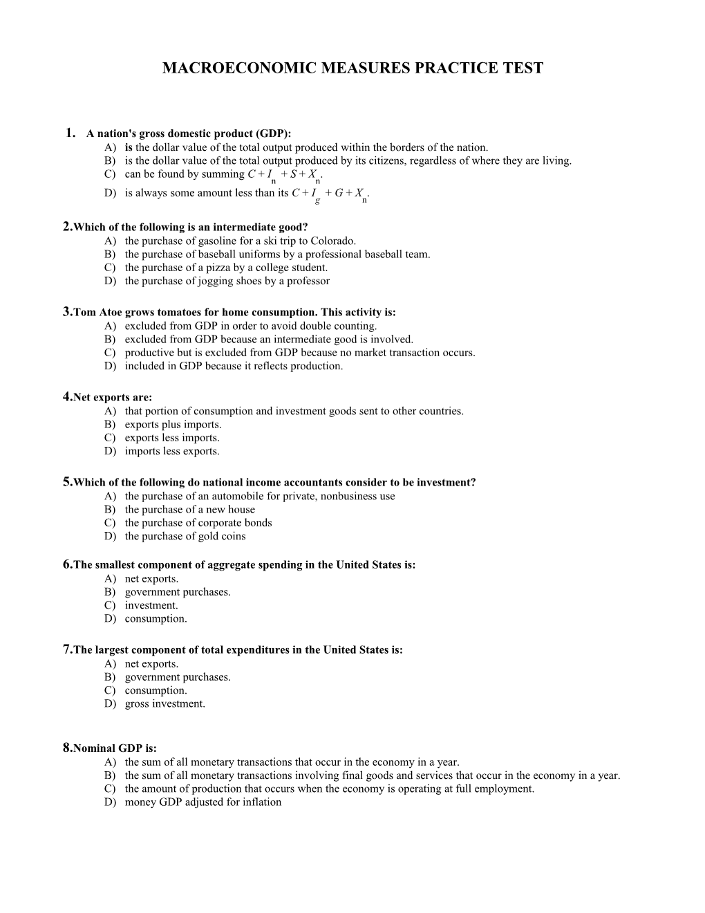 Macroeconomic Measures Practice Test