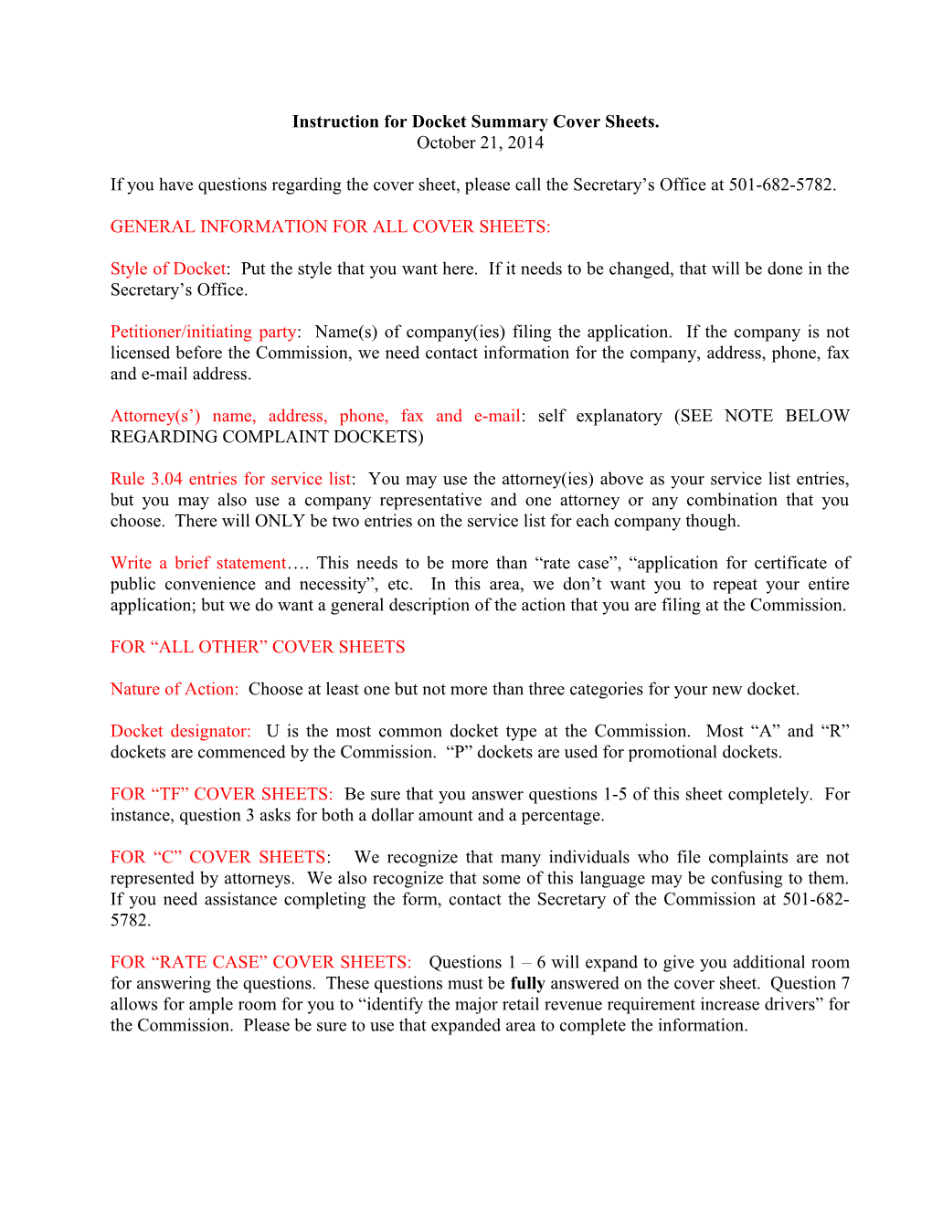 Instruction for Docket Summary Cover Sheets for Filing with Document #1 of a New Docket