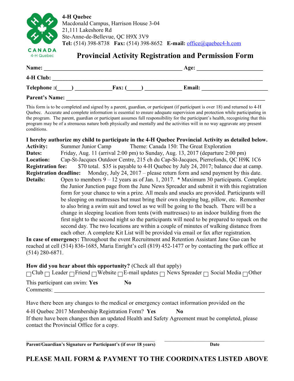 Provincial Activity Registration and Permission Form