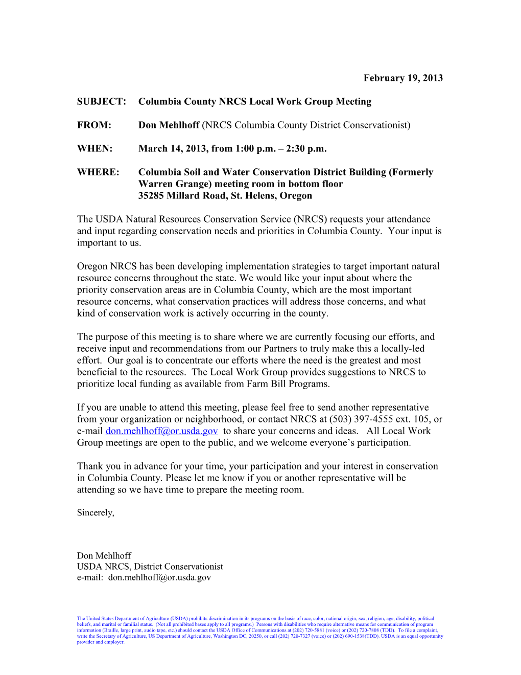 SUBJECT: Columbia County NRCS Local Work Group Meeting