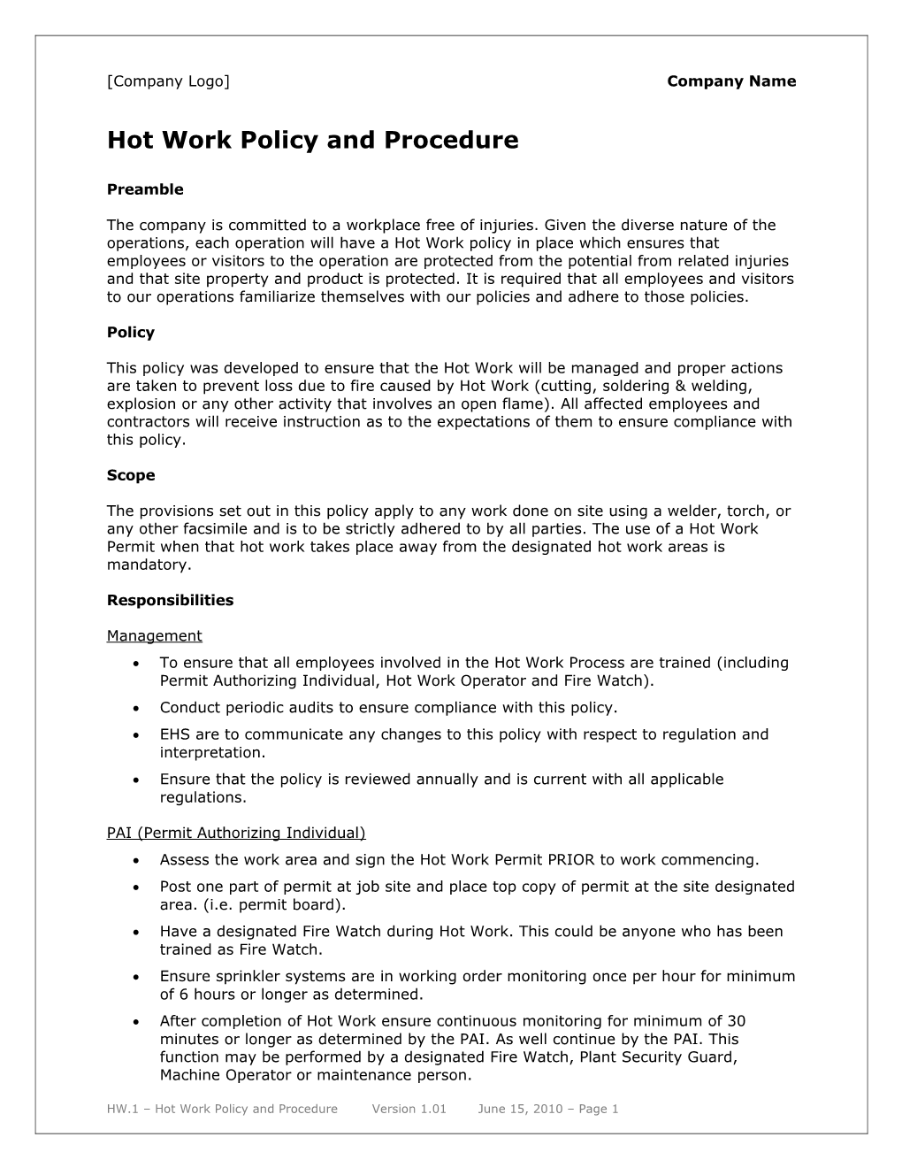 Hot Work Policy and Procedure