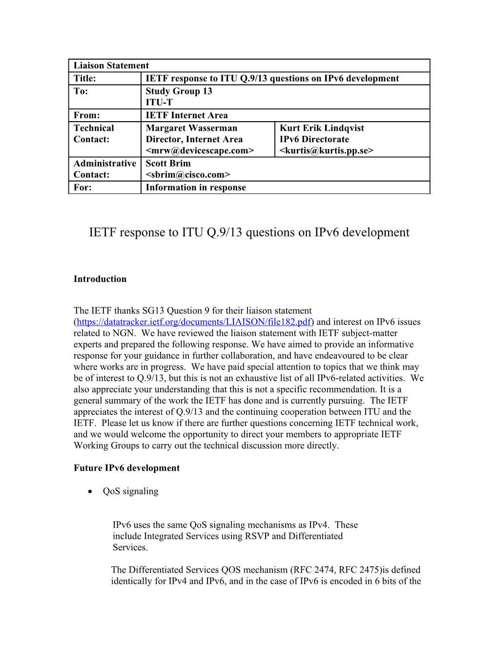 IETF / IAB Response to ITU Q