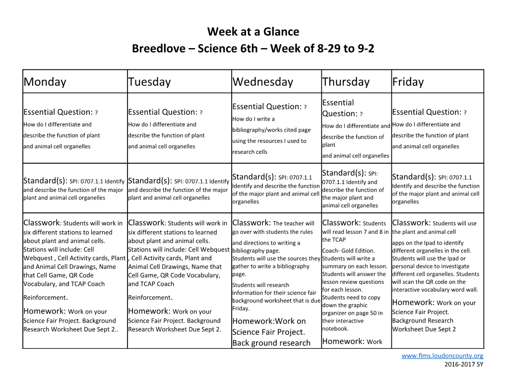 Breedlove Science 6Th Week of 8-29 to 9-2