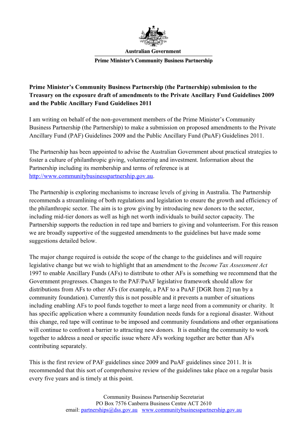 Prime Minister S Community Business Partnership (The Partnership)Submission to the Treasury