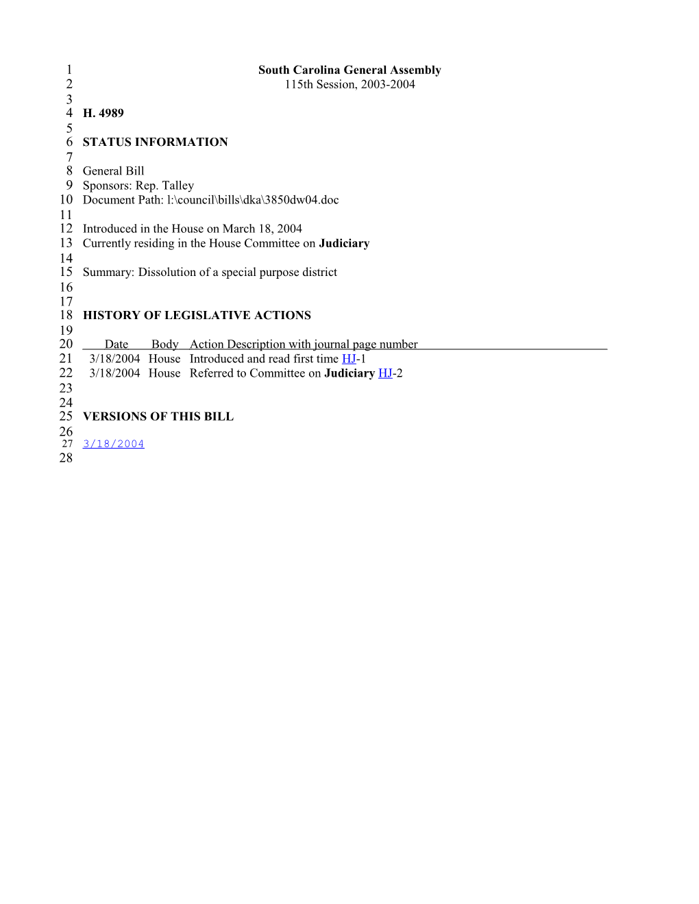 2003-2004 Bill 4989: Dissolution of a Special Purpose District - South Carolina Legislature