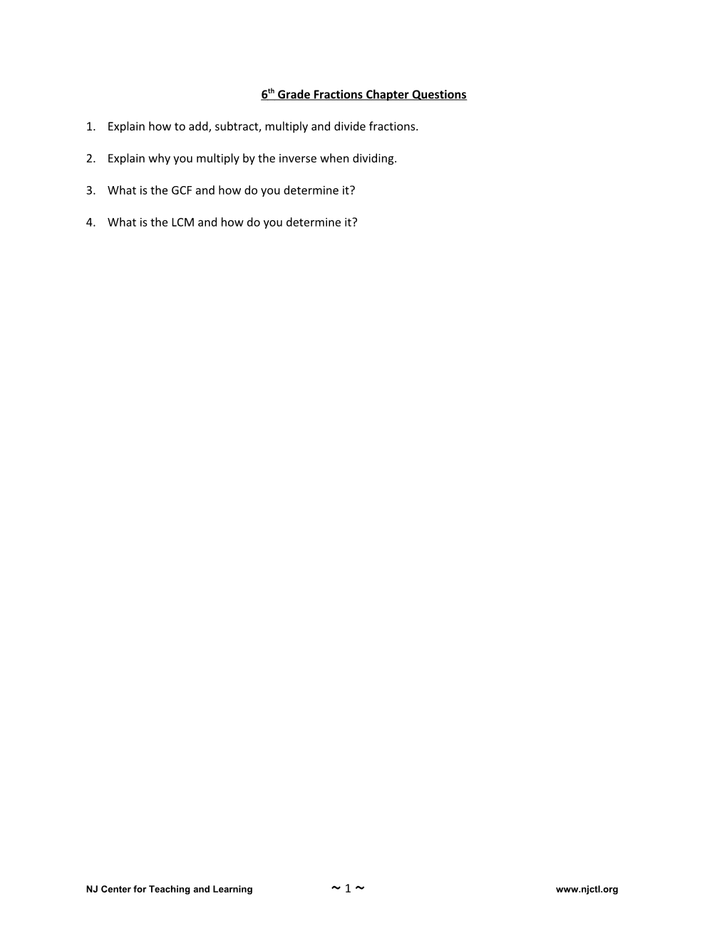 6Th Grade Fractions Chapter Questions