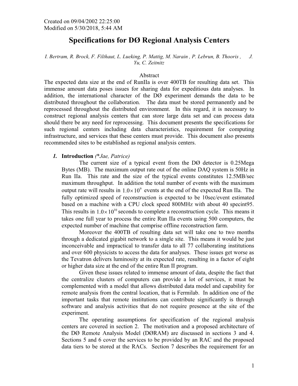 Specifications for DØ Regional Analysis Centers s1