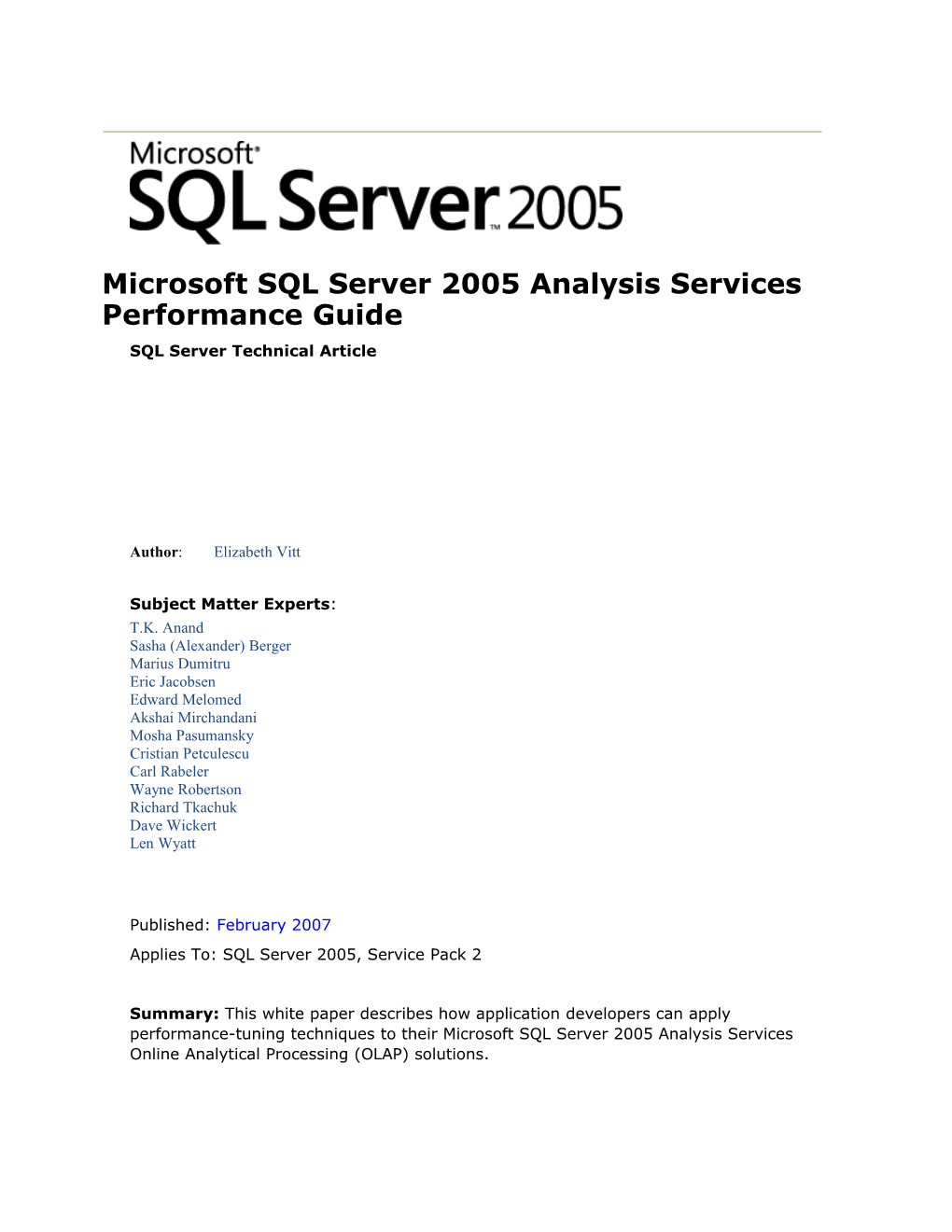 Microsoft SQL Server 2005 Analysis Services Performance Guide