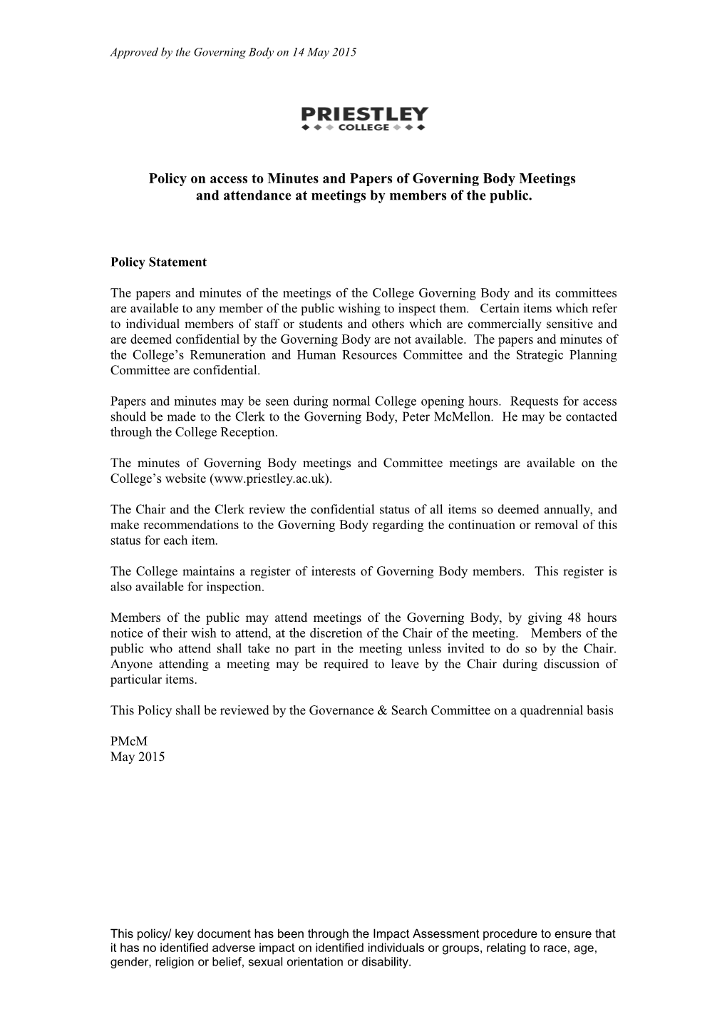 Policy on Access to Minutes and Papers of Governing Body Meetings