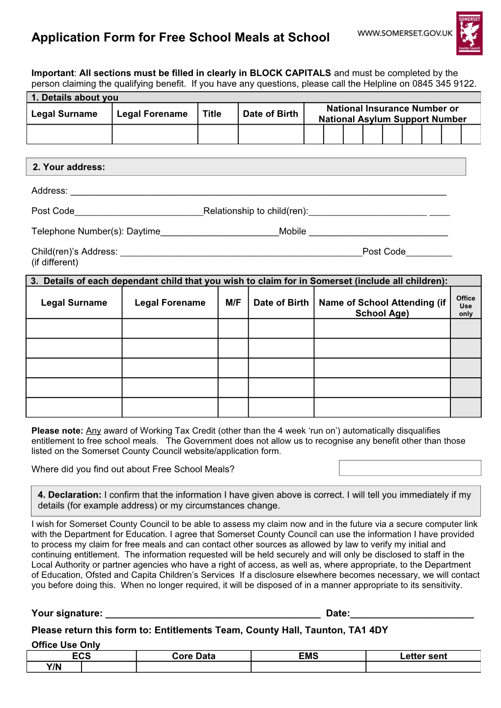 Application Form for Free School Meals