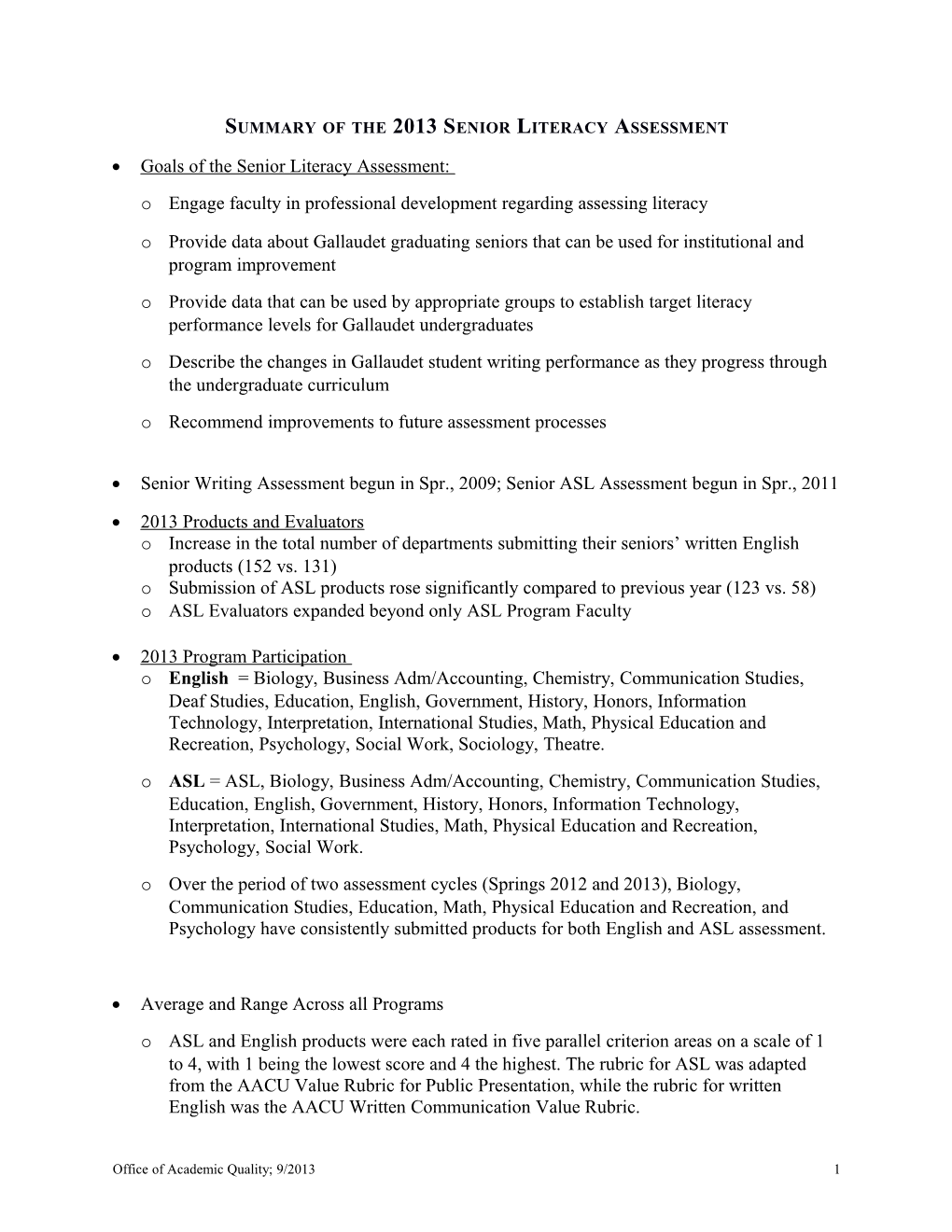 Summary of the 2013 Senior Literacy Assessment