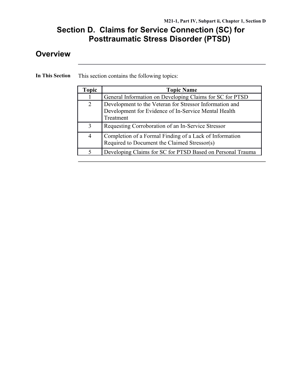 Section D. Claims for Service Connection for Posttraumatic Stress Disorder (PTSD) (U.S