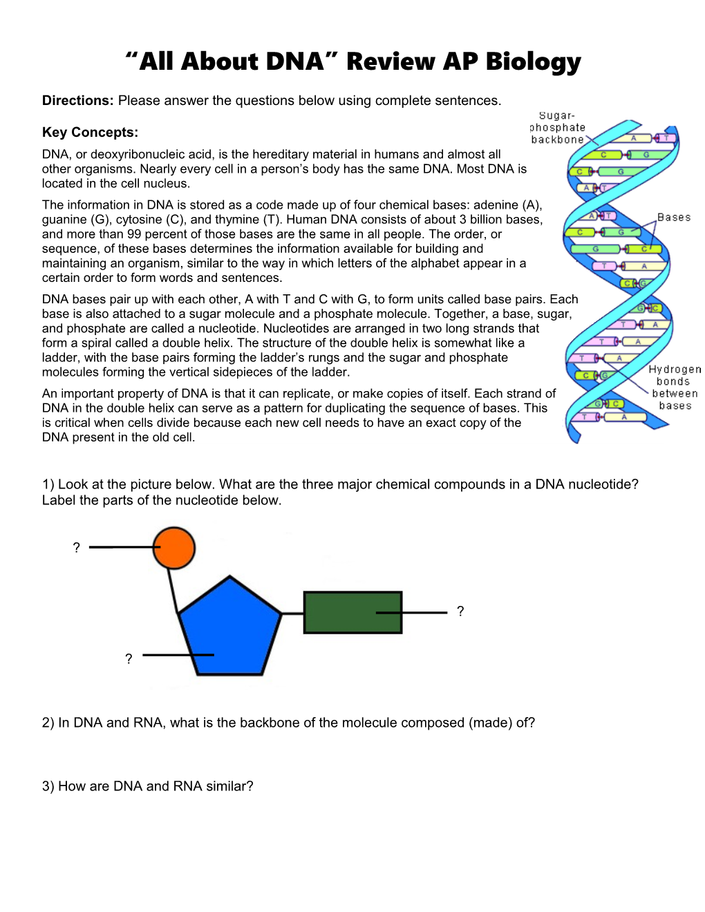 Homework # 11 - DNA-RNA PROBLEMS - Extra Credit 5 Points