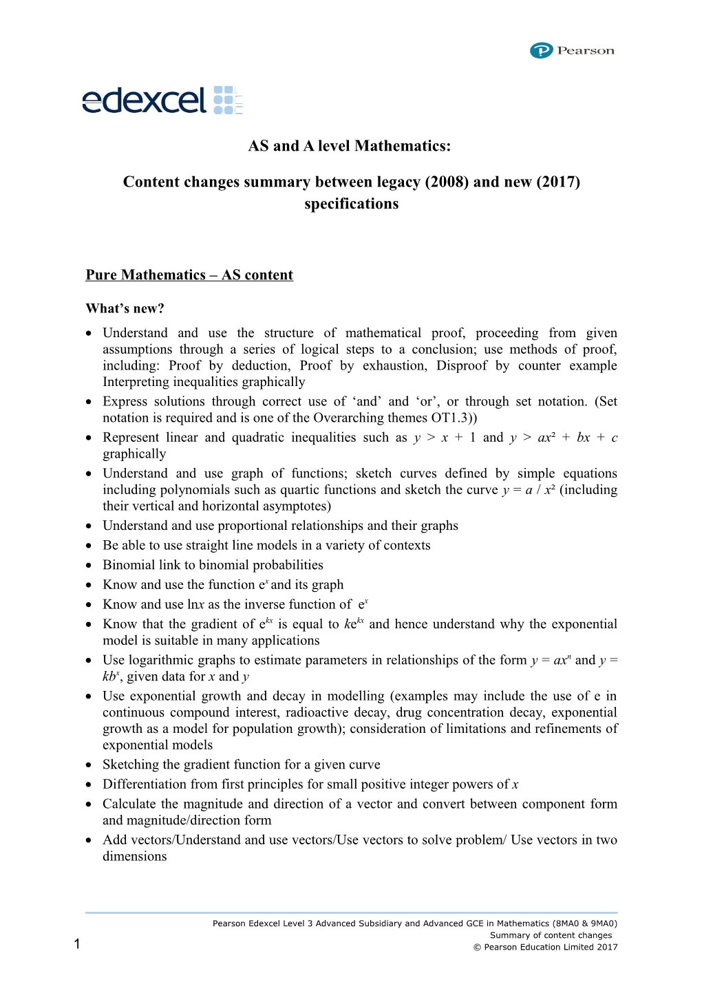 AS and a Level Mathematics 2017 Summary of Changes