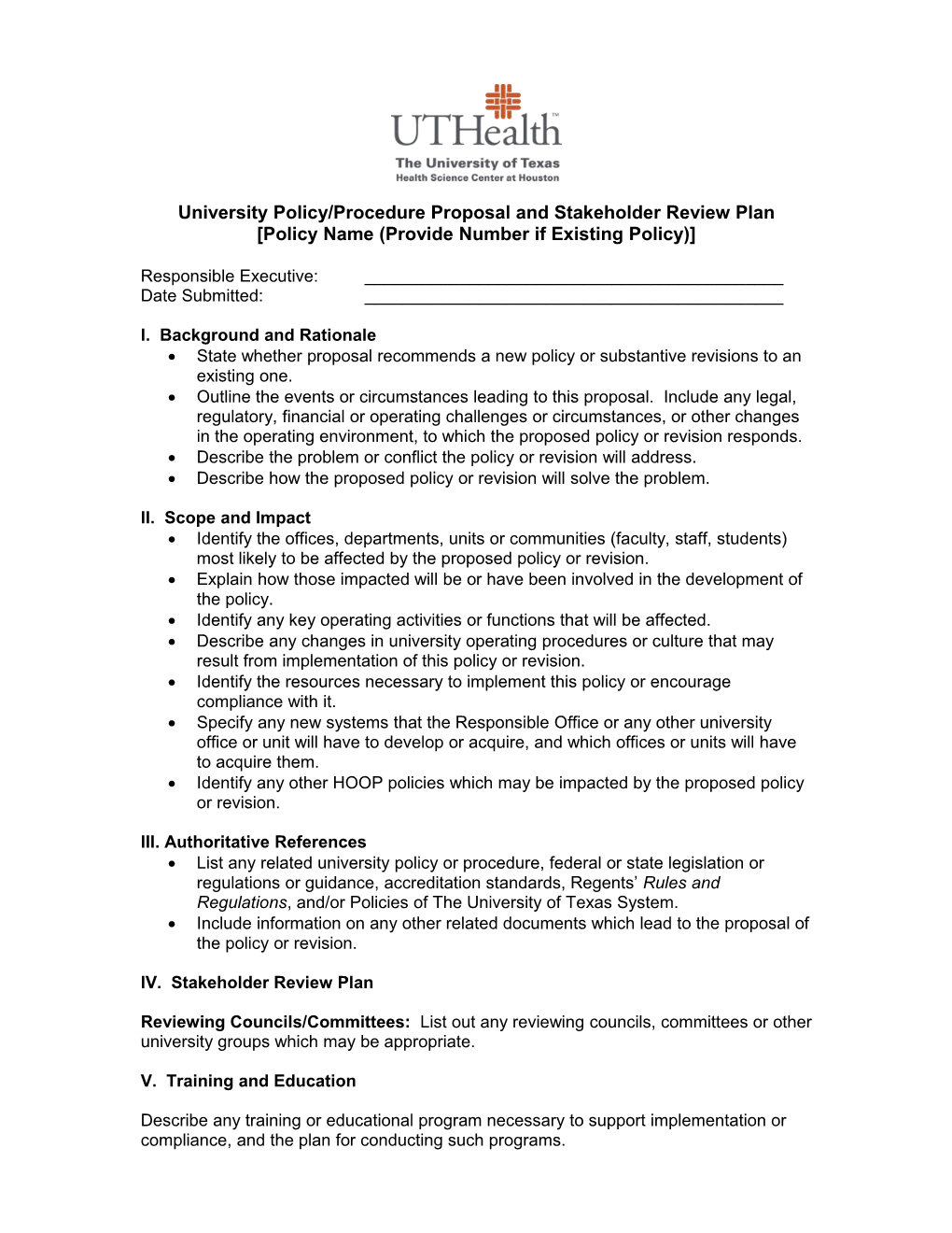 University Policy/Procedure Proposal and Stakeholder Review Plan