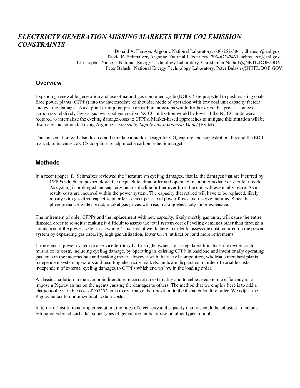 Electricty Generation Missing Markets with Co2 Emission Constraints