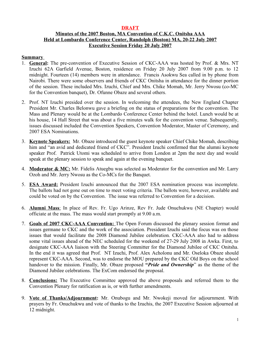 Minutes of the 2007 Boston, MA Convention of C.K.C. Onitsha AAA