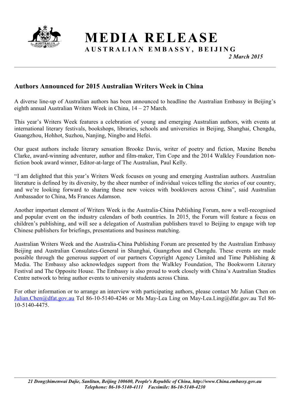 Authors Announced for 2015 Australian Writers Week in China