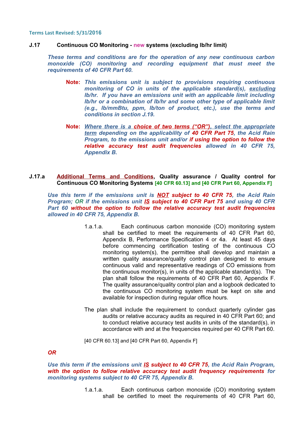 J.17 Continuous CO Monitoring - New Systems (Excluding Lb/Hr Limit)