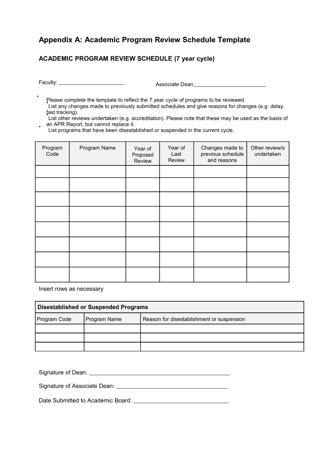 Appendix A: Academic Program Review Schedule Template