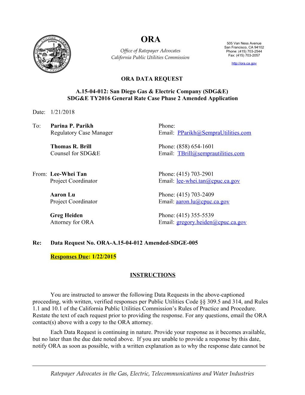 SDG&E TY2016 General Rate Case Phase 2 Amended Application