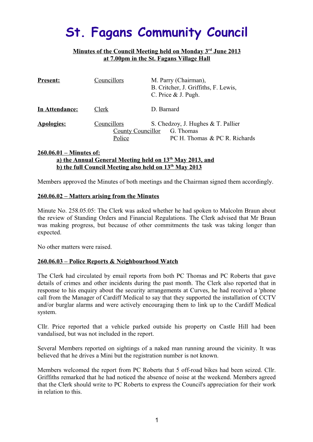 Minutes of the Council Meeting Held on Monday 3Rd June 2013