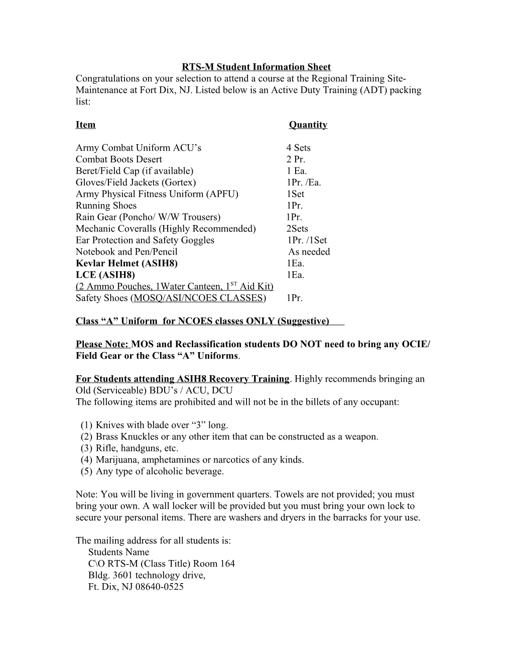 RTS-M Student Information Sheet