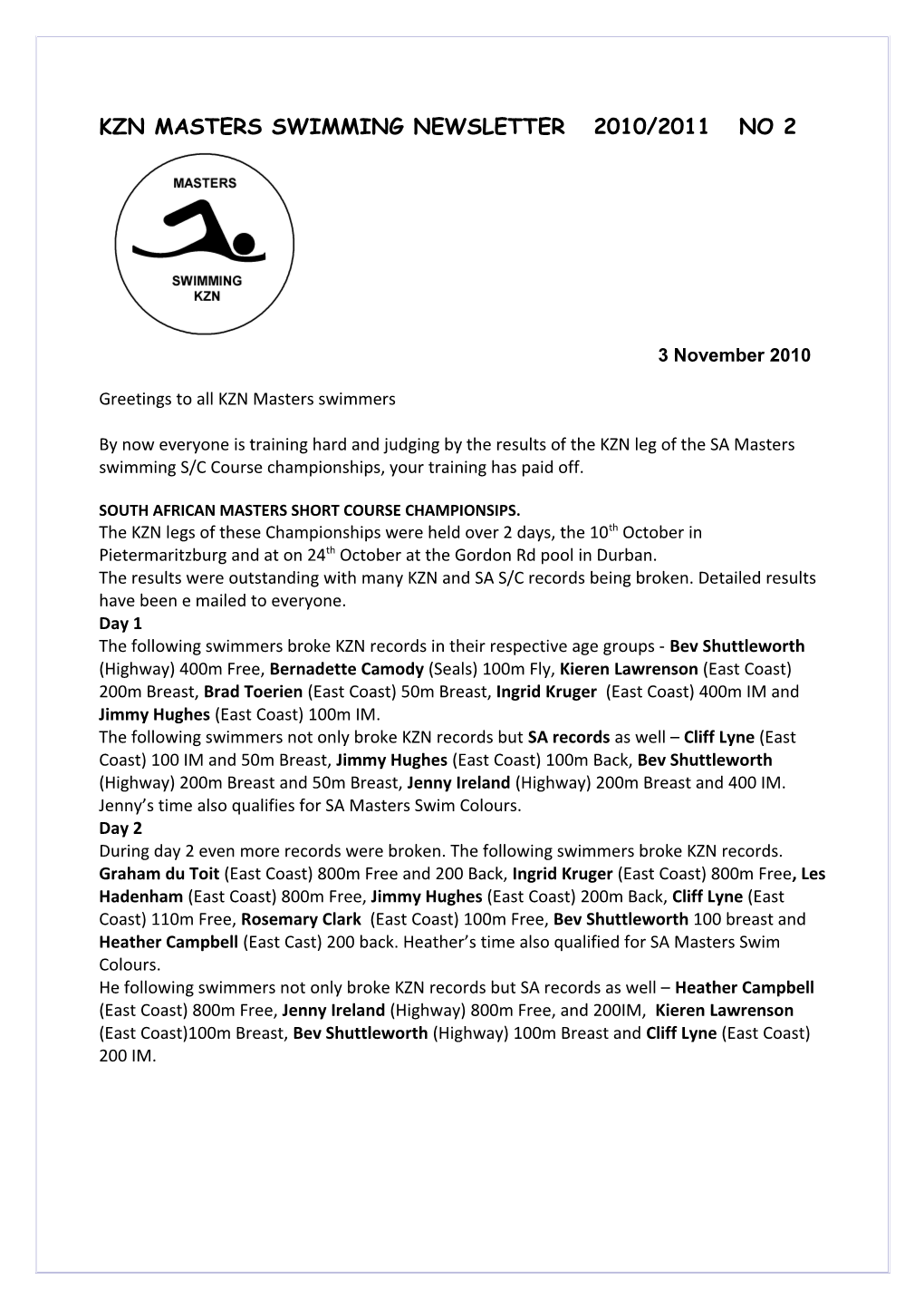 Kzn Masters Swimming Newsletter 2010/2011 No 2