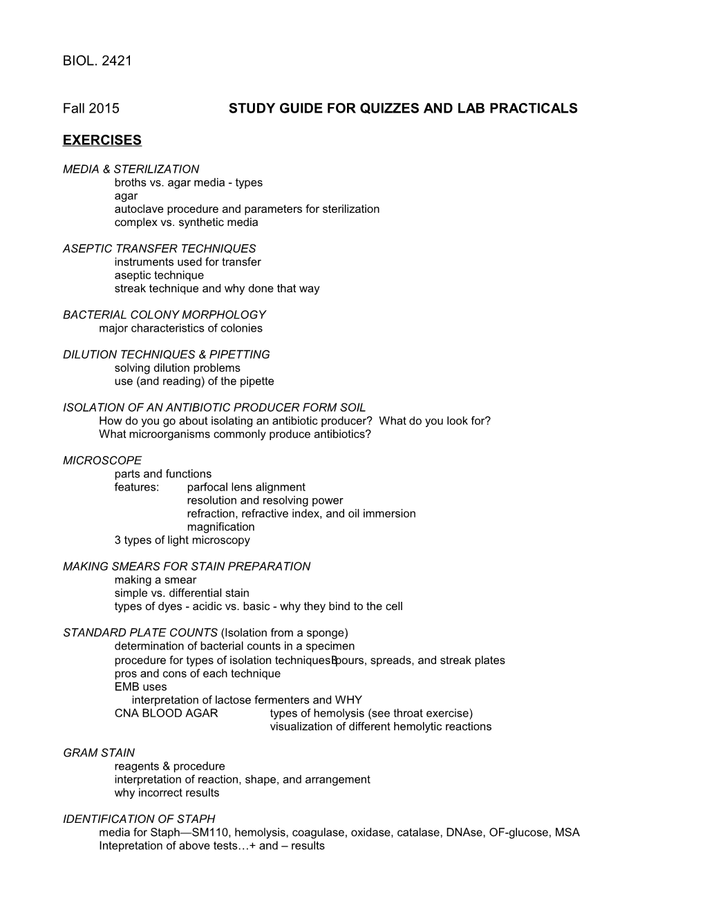 Fall 2015 STUDY GUIDE for QUIZZES and LAB PRACTICALS