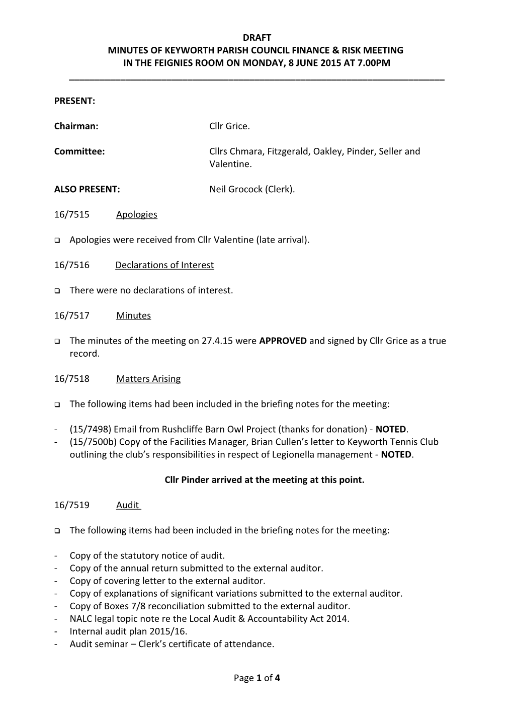 Minutes of Keyworth Parish Council Finance & General Purposes Meeting Held at the Village Hall