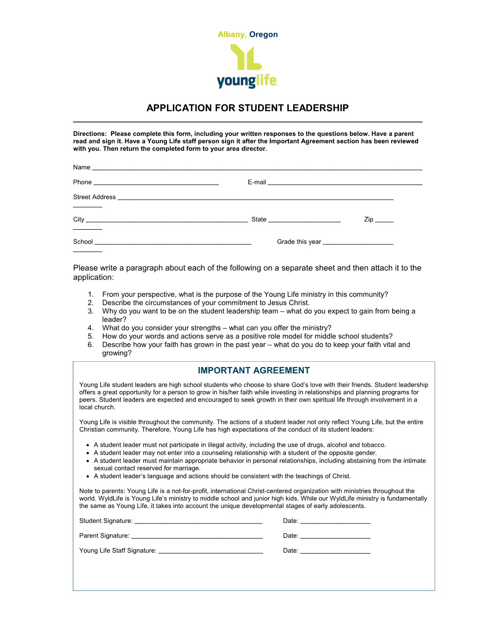 Application for Student Leadership