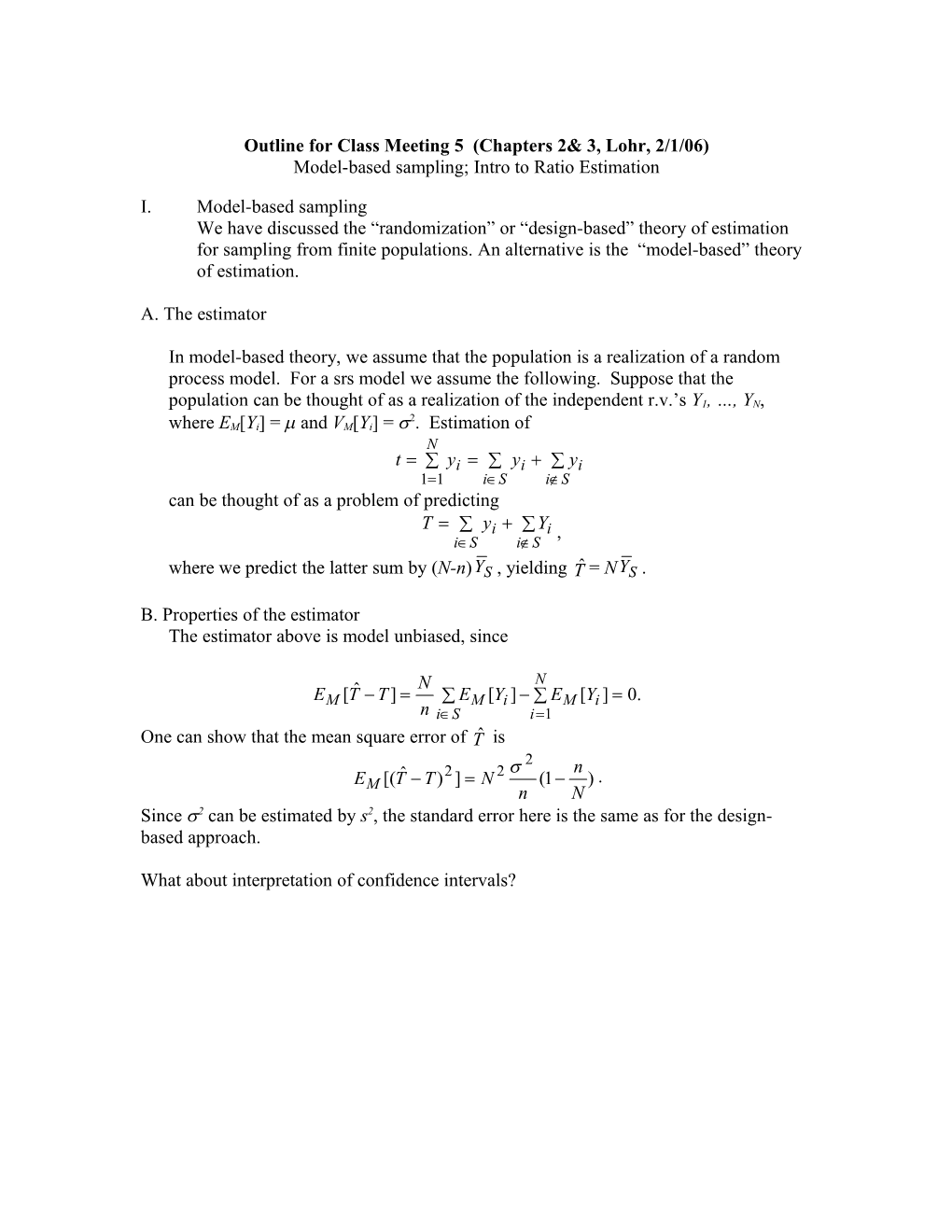 Outline for Class Meeting 1 (Chapter 1, Lohr)