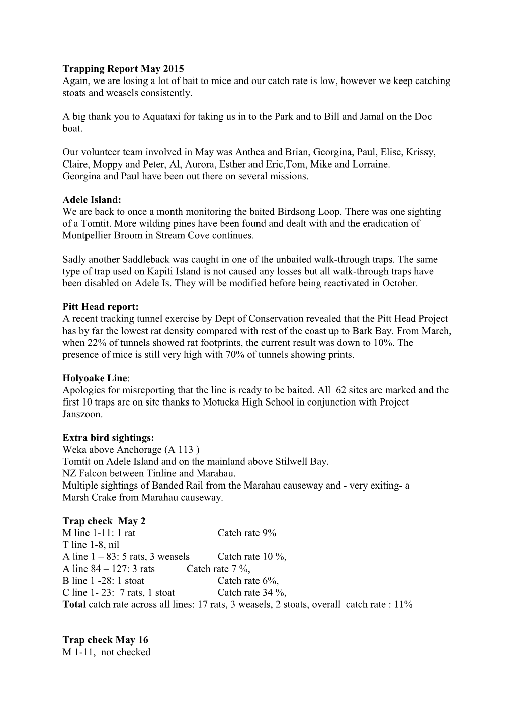 Trapping Report May 2015