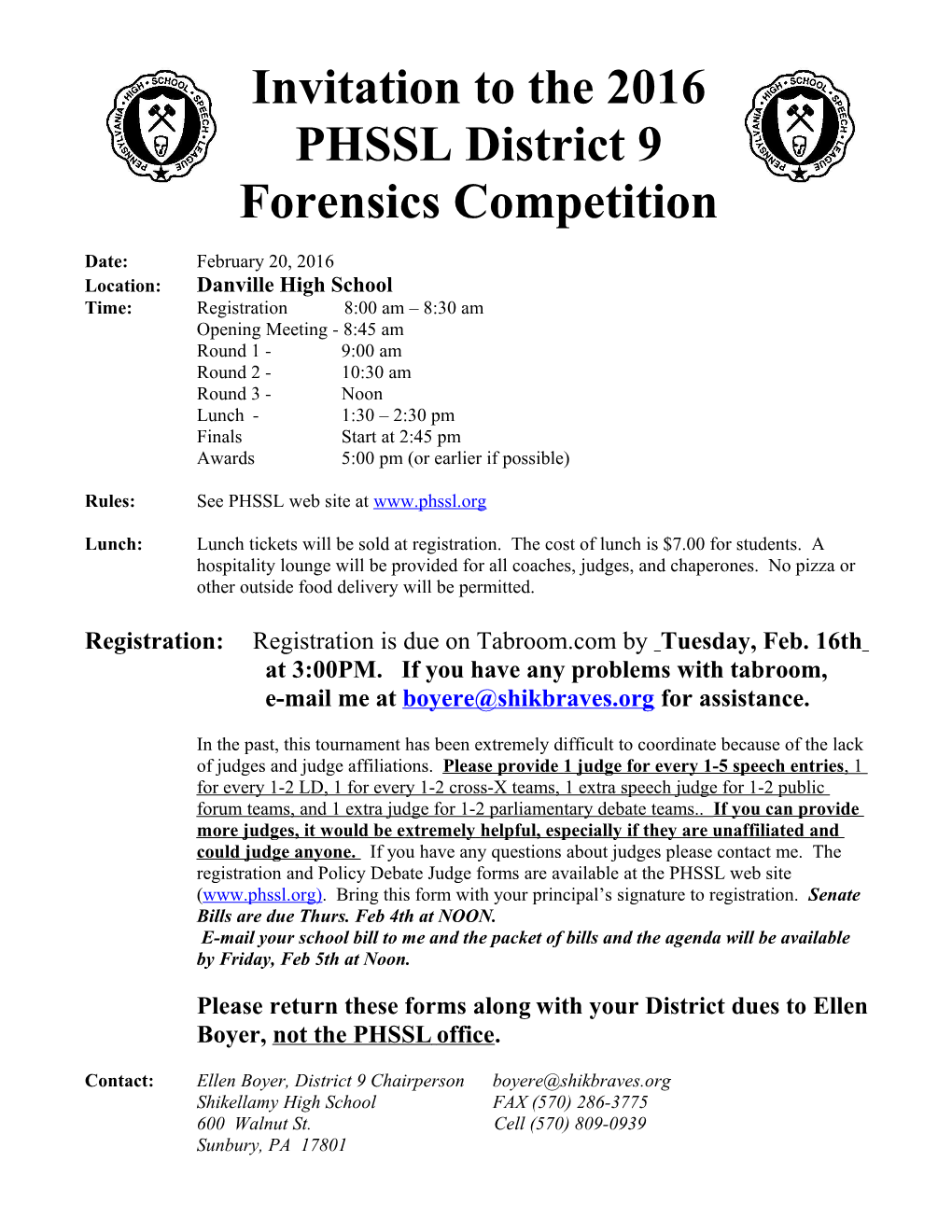 Invitation to the PHSSL District 9 Forensics Competition
