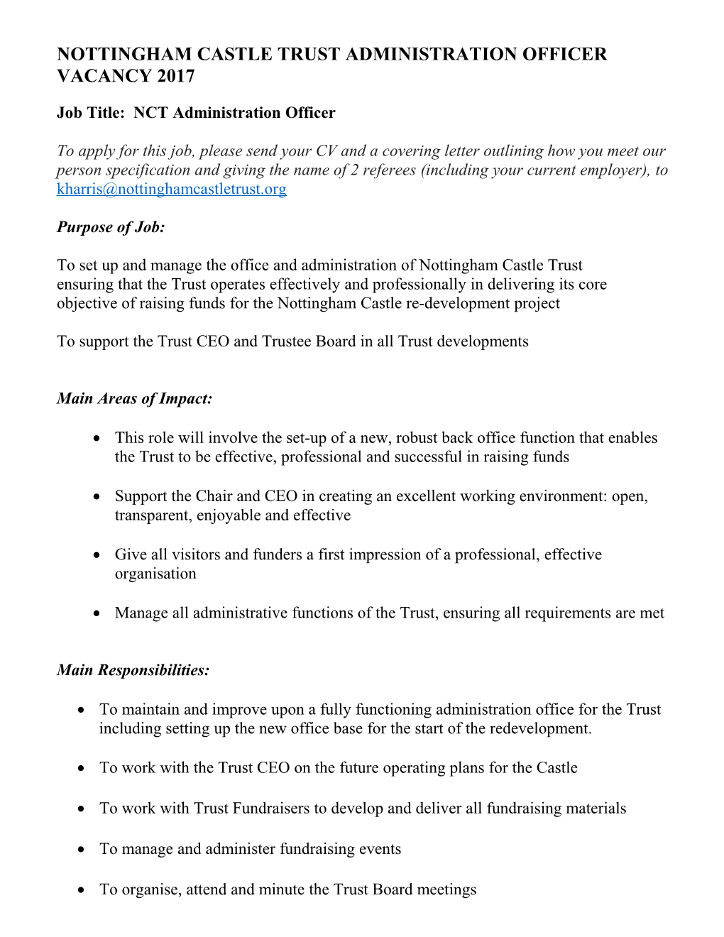 Nottingham Castle Trust Administration Officer Vacancy 2017