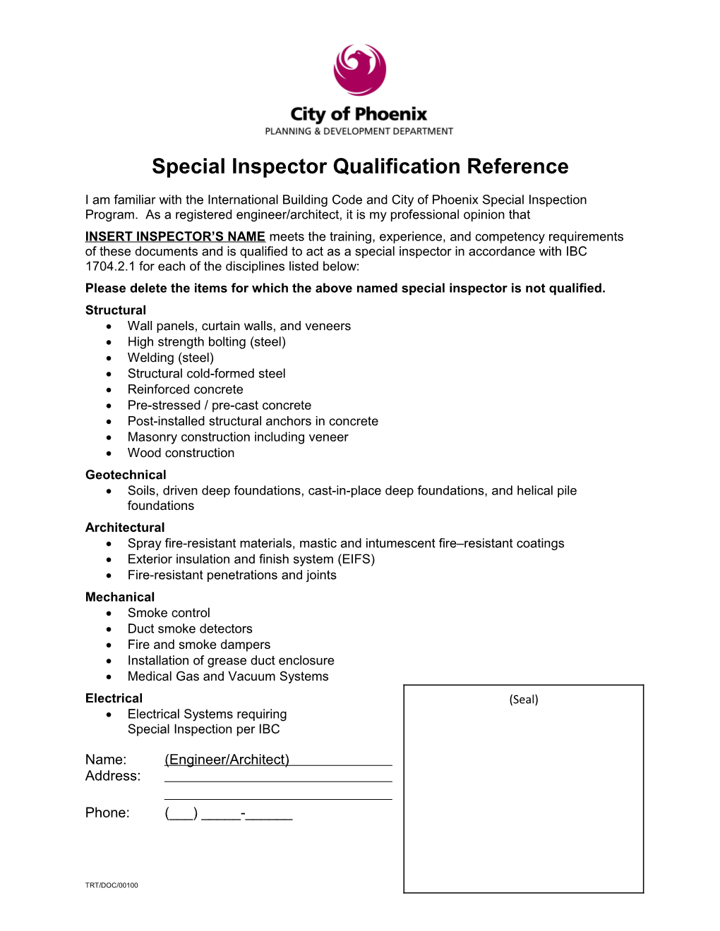 Special Inspector Qualification Reference