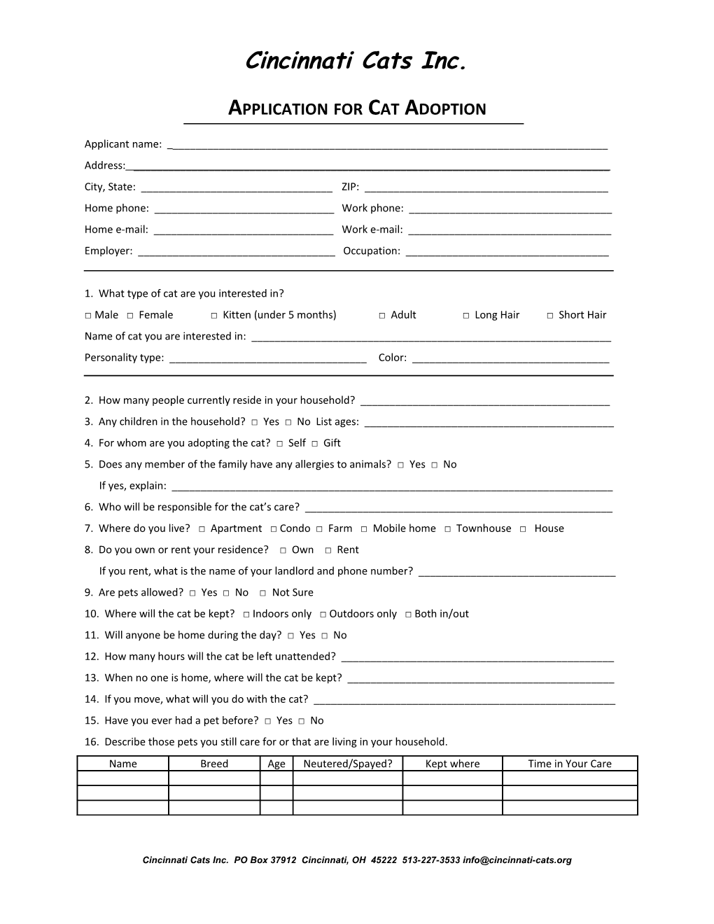 Application for Cat Adoption